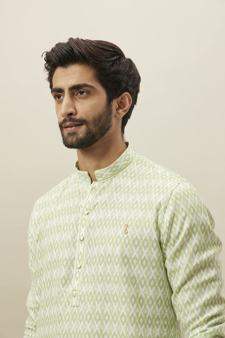 Manyavar Green Blended Viscose Self Design Full Sleeves Kurta