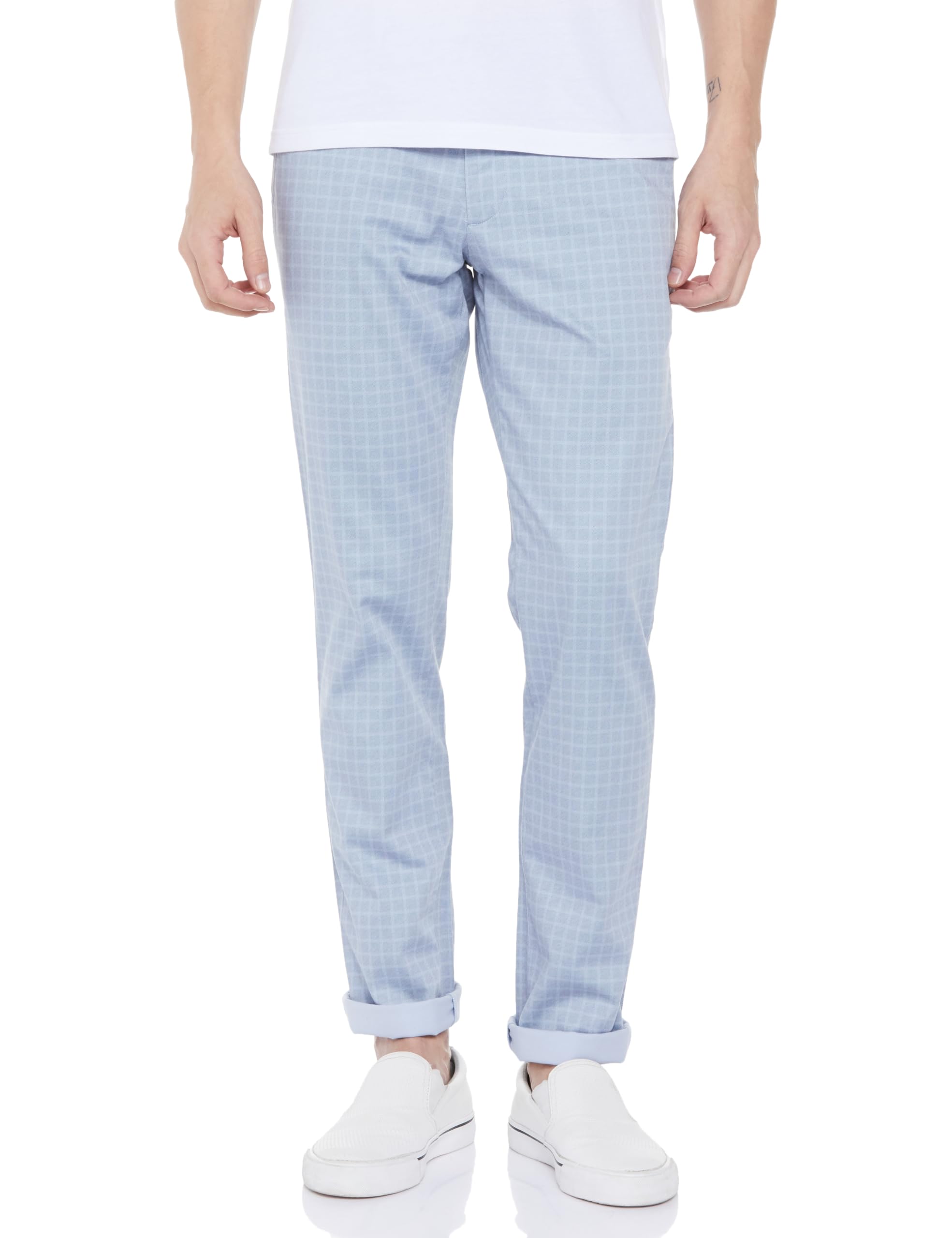 Men Blue Slim Tapered Fit Check Flat Front Casual Trousers