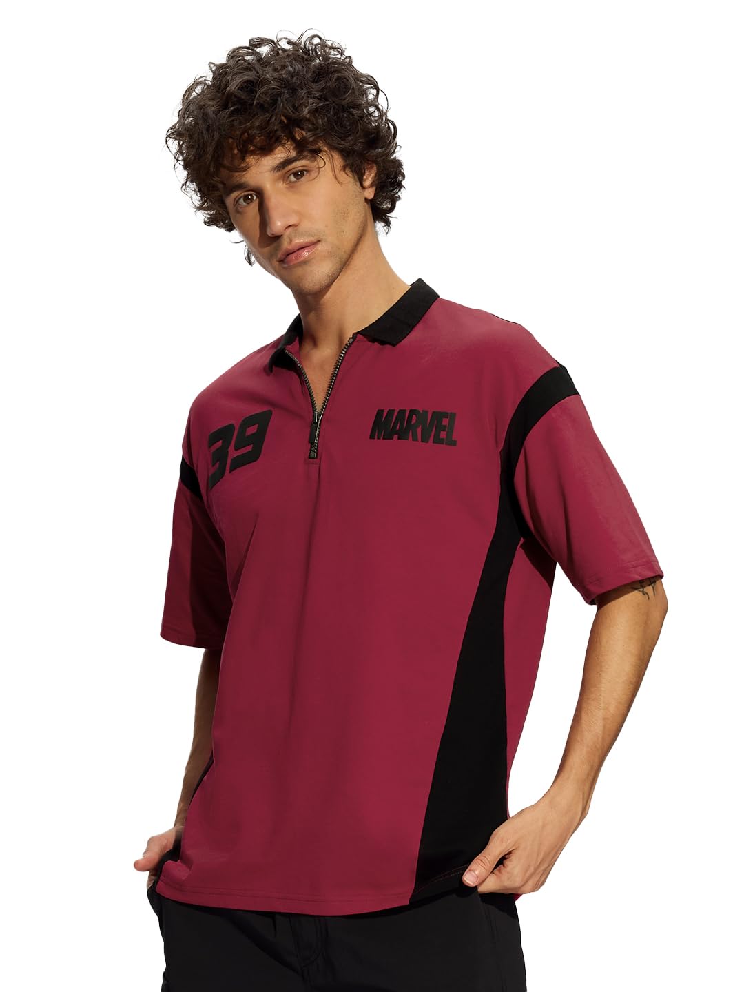 The Souled Store Official Marvel: Superhero Shades Men and Boys Short Sleeves Collared Neck Red and Black Printed Cotton Oversiz