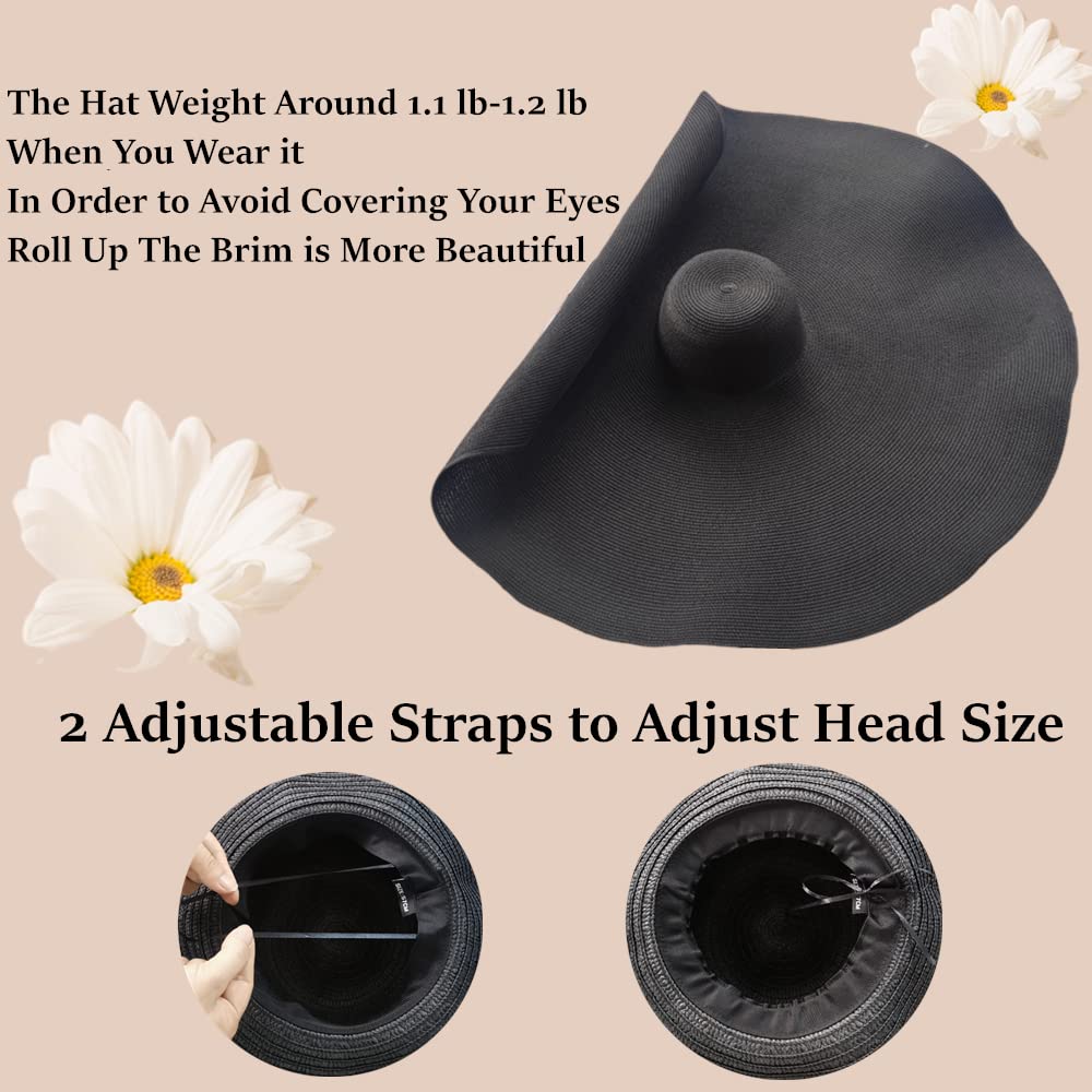 80CM Oversized Beach Straw Hats for Women Floppy, Extra Large Sun Visor Hat Wide Brim Summer Packable Huge Roll Up Big Beach Hat