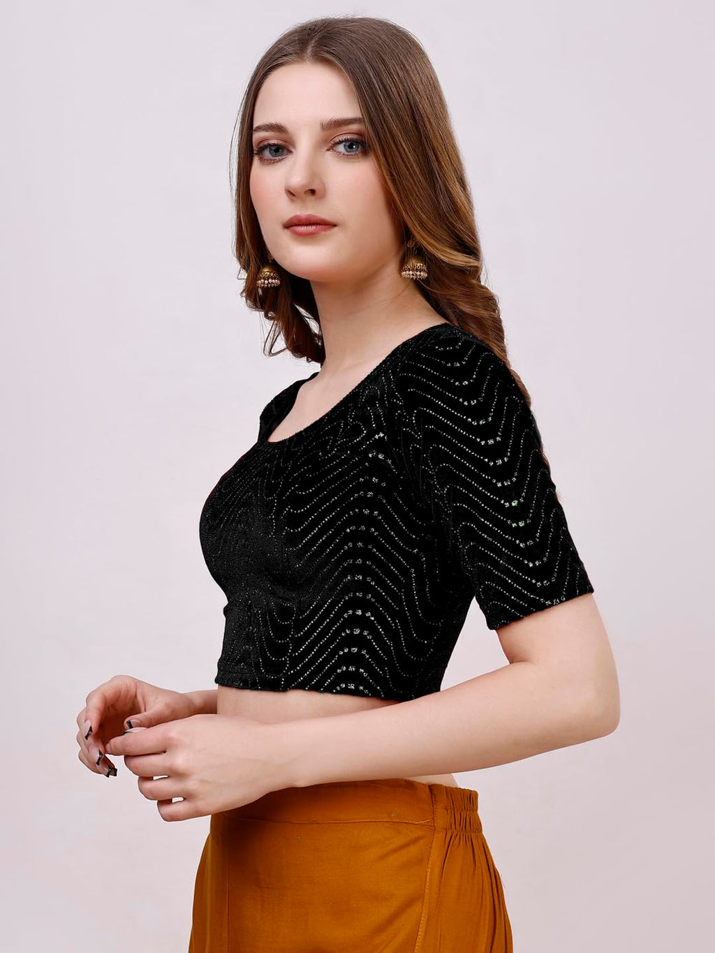 Pujia Mills WomenS Readymade Hosiery Velvet Lycra Stretchable Round Neck Half Sleeve Blouse With Jari Work Fancy Black Color Ly