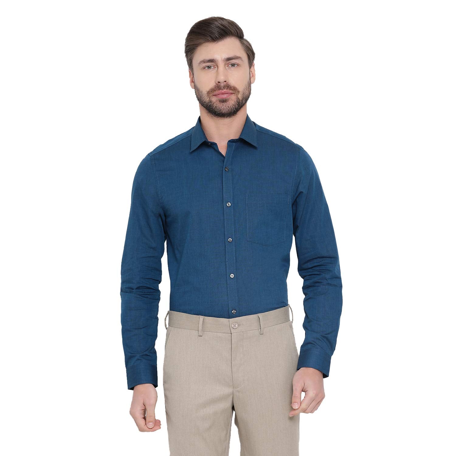 Turtle Men Peacock Blue Cotton Solid Slim Fit Formal Shirts