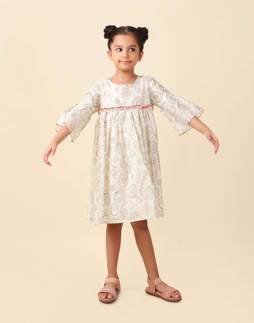 Fabindia Girls Cotton Silk A-Line Knee Length Dress (1031899NATURAL_Natural