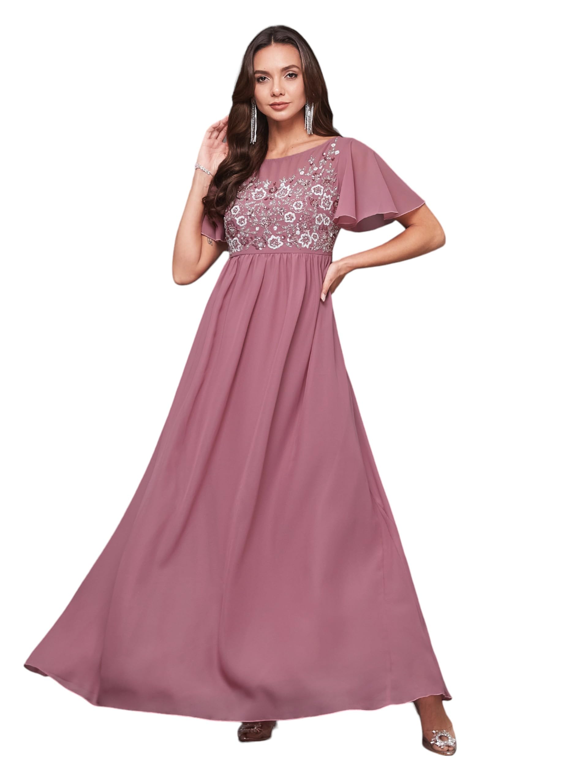 Miss Chase Womens Boat Neck Half Sleeve Solid Embellished Georgette Maxi Dress (Mcaw21D06-24-261-06, Dusty Lavender, Xl)