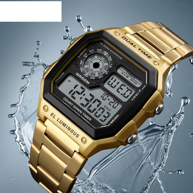 PASOY Men's Gold Digital Watches for Men Stainless Steels Alarm Stopwatch Countdown Outdoor Sports Waterproof Watch (Gold)