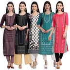 Pinkmint WomenS Printed Kurti For WomenS Round Neck Straight Kurti For Women (Pack Of 5)