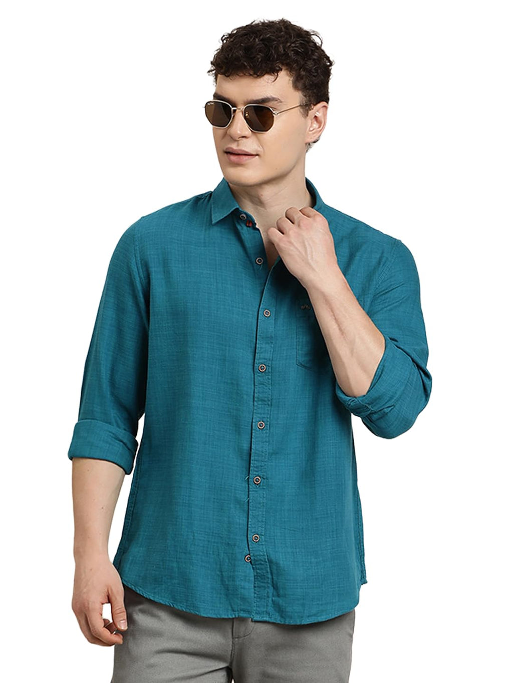 Turtle Men Slim Fit Solid Cotton Lyocell Blue Casual Shirt
