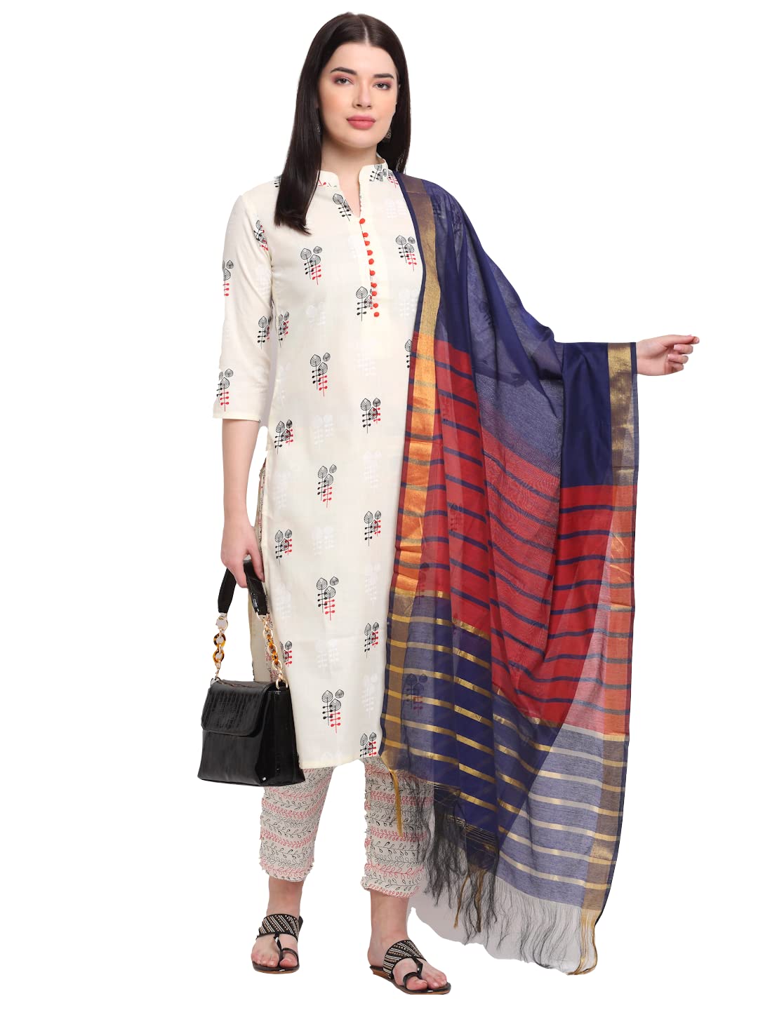 ANNI DESIGNER Womens Cotton Straight Kurta with Pant & Dupatta (KPTD-COT-10003-WHITE_L_White_Large)