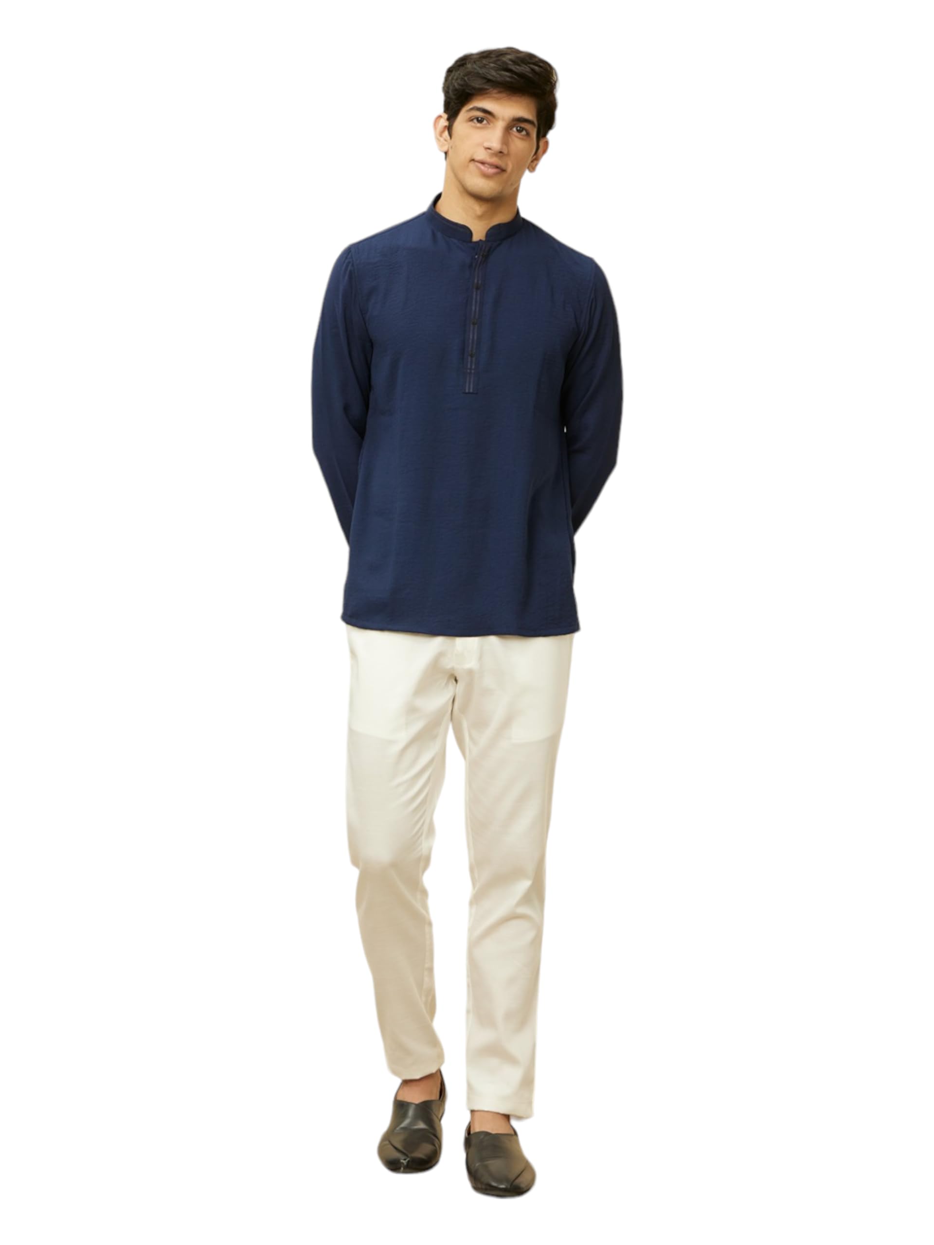 Manyavar Mens Blue Art Silk Solid Short Kurtas