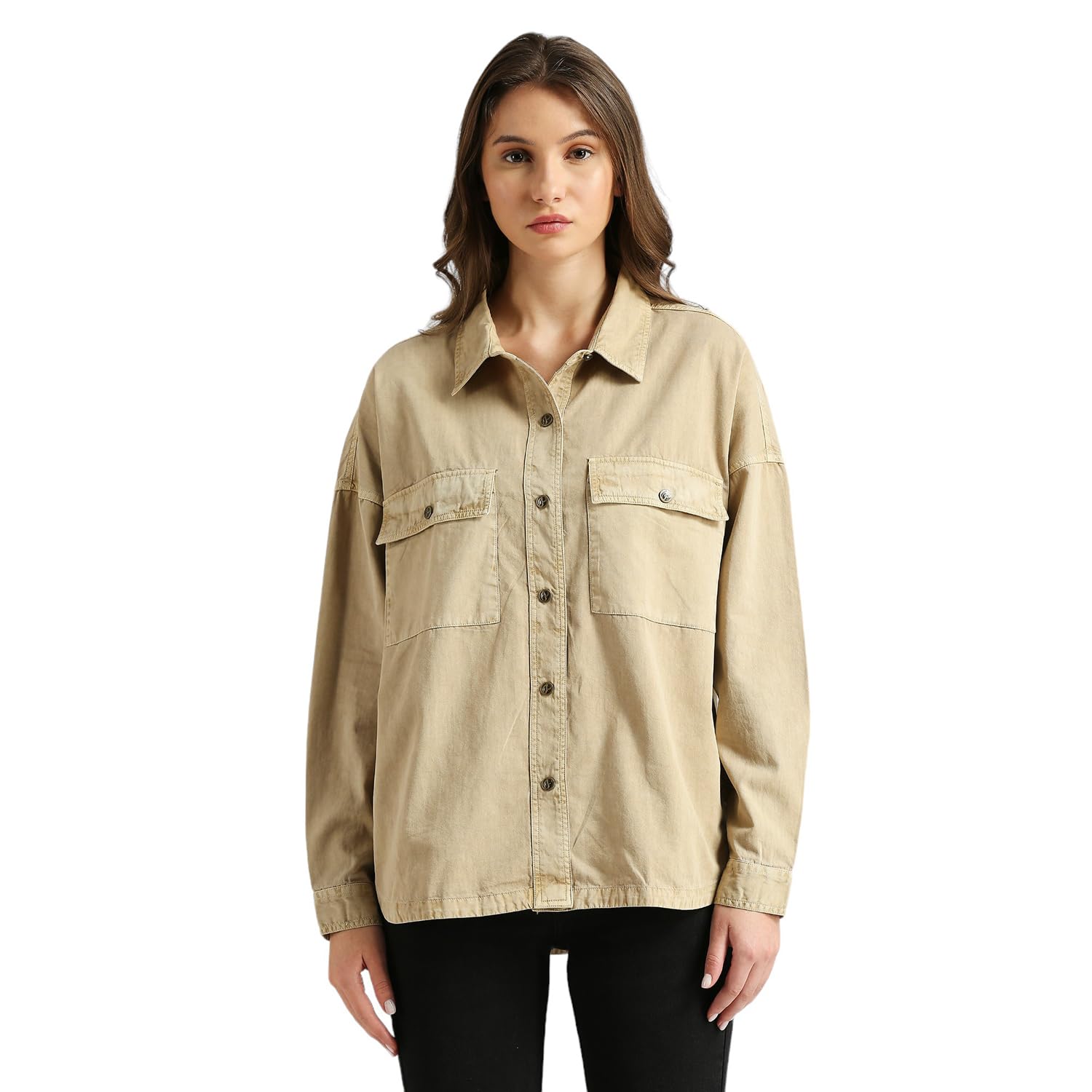 Pepe Jeans Kay Twill Garment Dyed Oversize Shirt Beige
