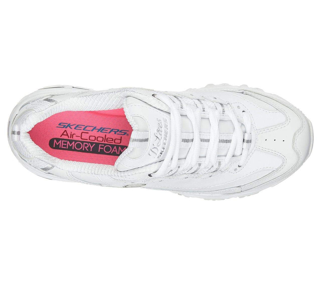 Skechers Women's D'Lites Memory Foam Lace-up Sneaker,White Silver,7 M US