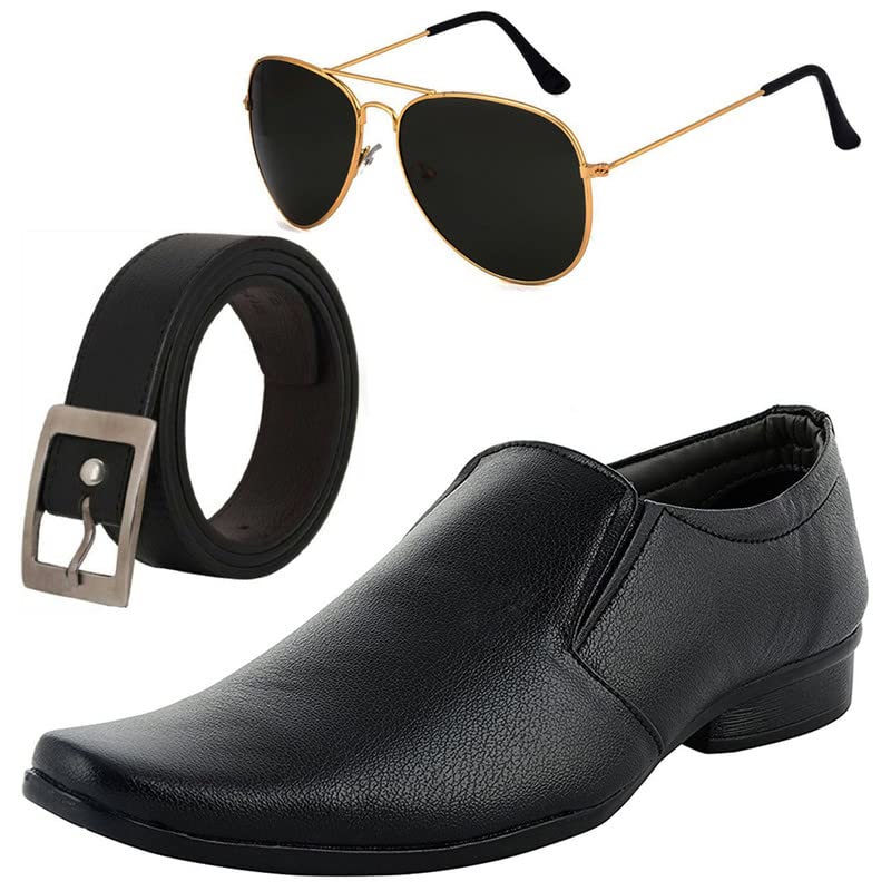 Vitoria Stylish & Fashionable Boys Formal Shoes With Free Belt & Unisex Black Avitor Sunglasses Combo/10 10