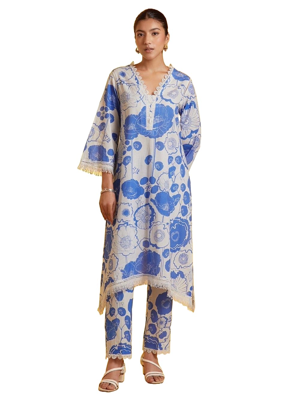 LookMark Womens Printed Cotton Blend Straight Kurta Pant Set with Lace - Comfortable Ethnic Wear for Women, Elegant Design, Sui