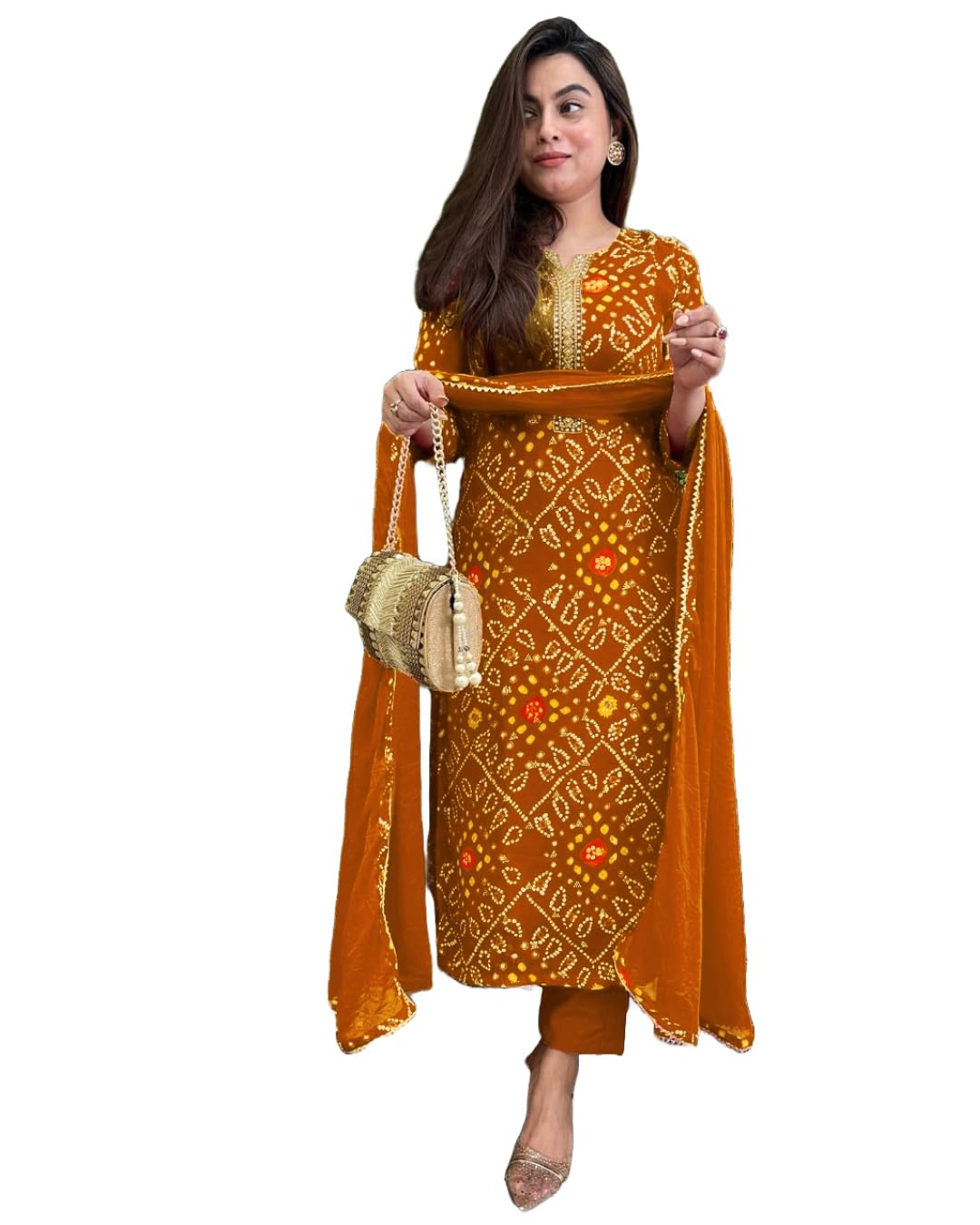 ANNI DESIGNER Womens Rayon Blend Straight Bandhej Printed Kurta with Pant & Dupatta (Turae Mustard_M_Mustard_Medium)
