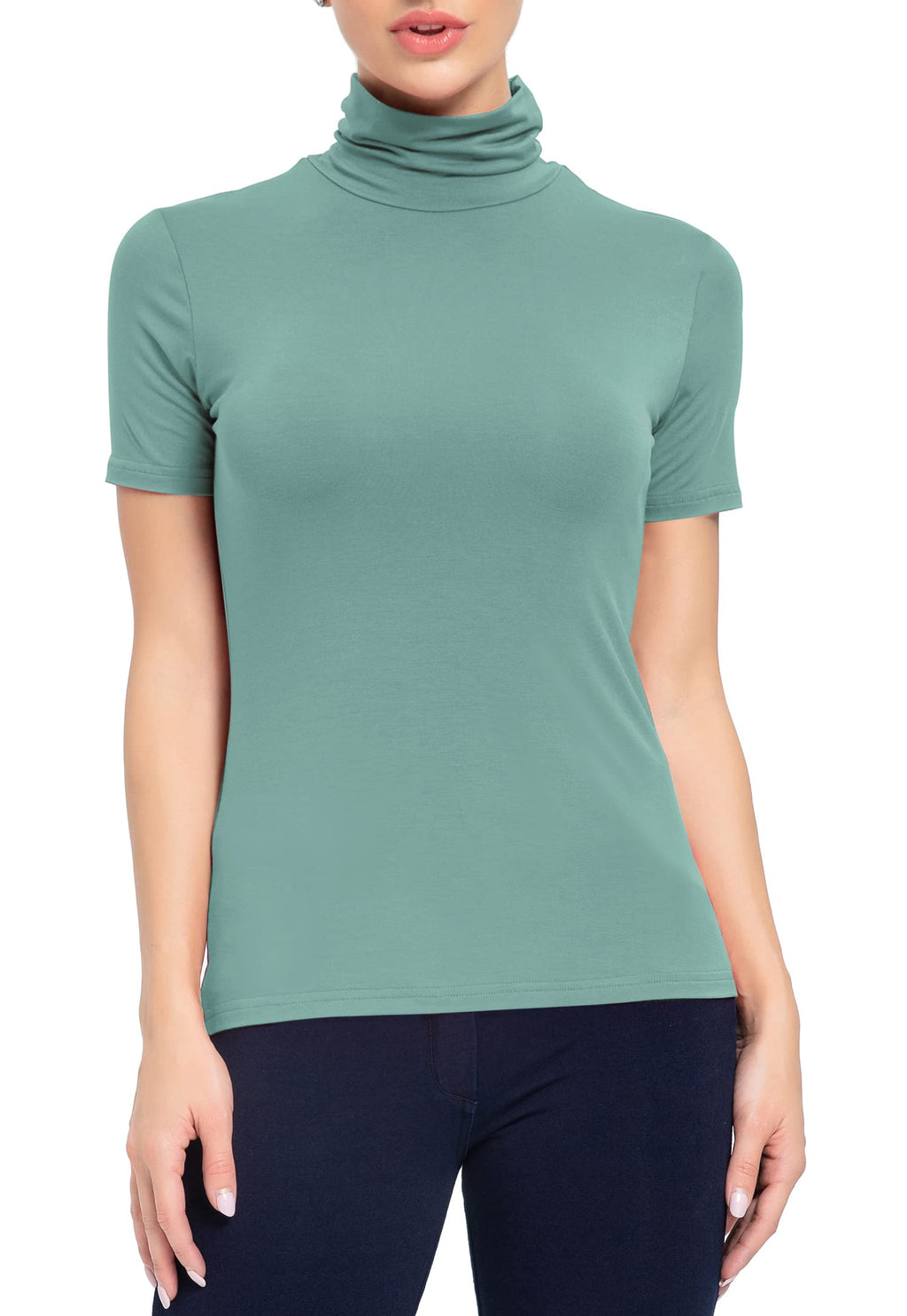 AUHEGN Short Sleeve Mock Turtleneck Stretch Slim T Shirt Layer Top Light Dusty Green Medium