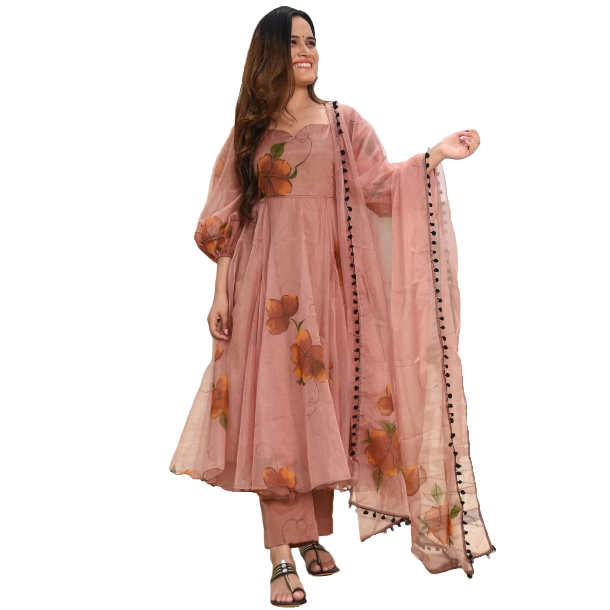 Gosriki Women'S Organza Printed Anarkali Kurta With Pant & Dupatta (Pugmor-Peach-Gs_Xxl_Peach_Xx-Large)