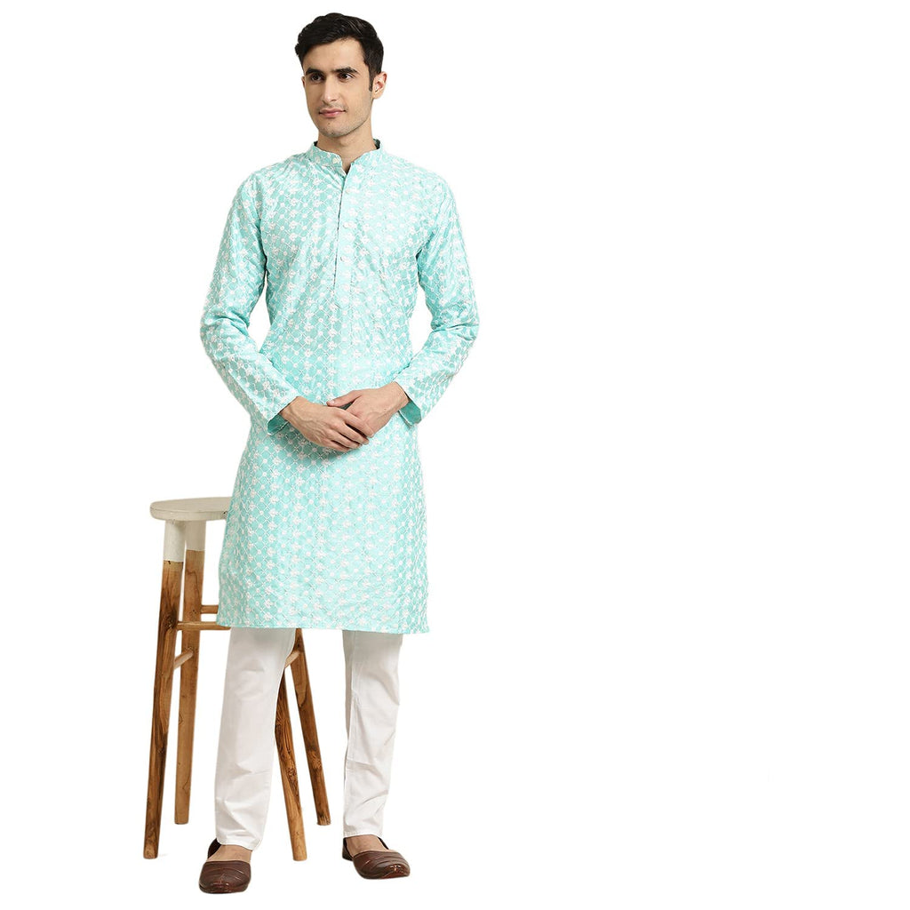 SOJANYA (Since 1958 Mens Silk Blend Blue Embroidered Kurta & White Churidar Pyjama Set Size 44