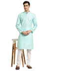 SOJANYA (Since 1958 Mens Silk Blend Blue Embroidered Kurta & White Churidar Pyjama Set Size 44