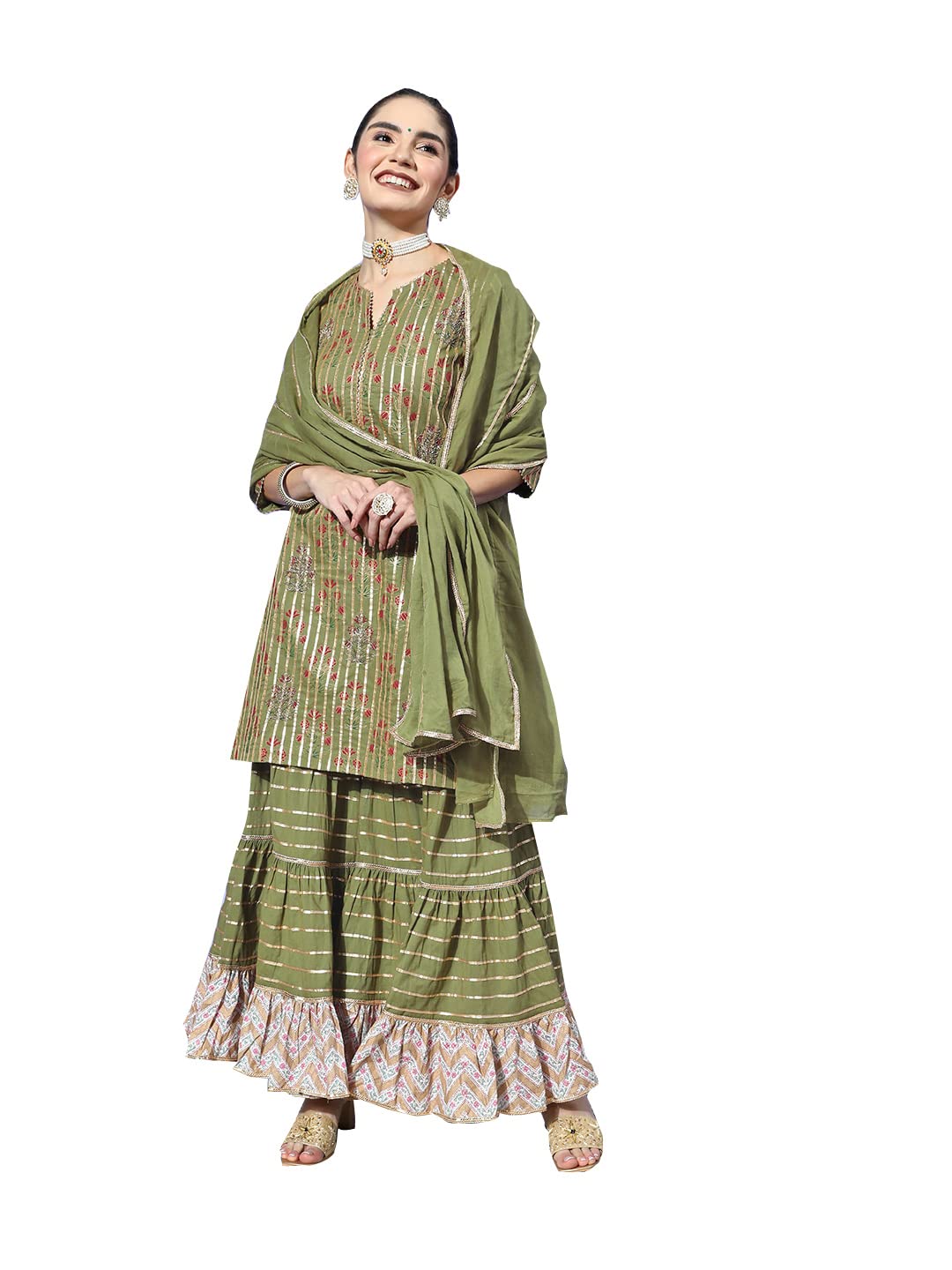 Ishin Women'S Cotton Blend Embroidered A-Line Kurta Suit Set With Dupatta & Sharara Inwsd0315_Gn_M_Green
