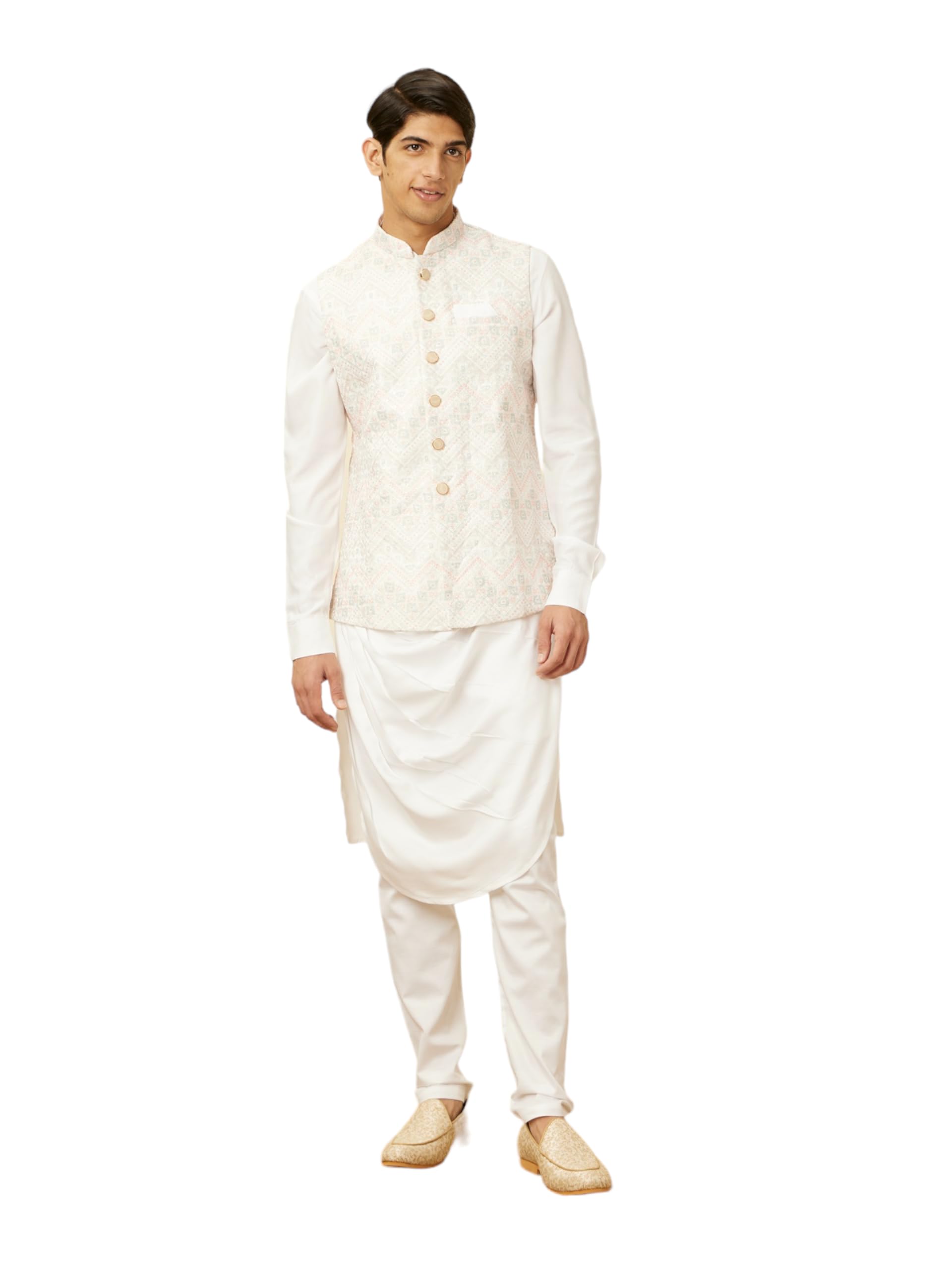 Manyavar Mens White Rayon|Art Silk Kurta Jacket Pyjama Set