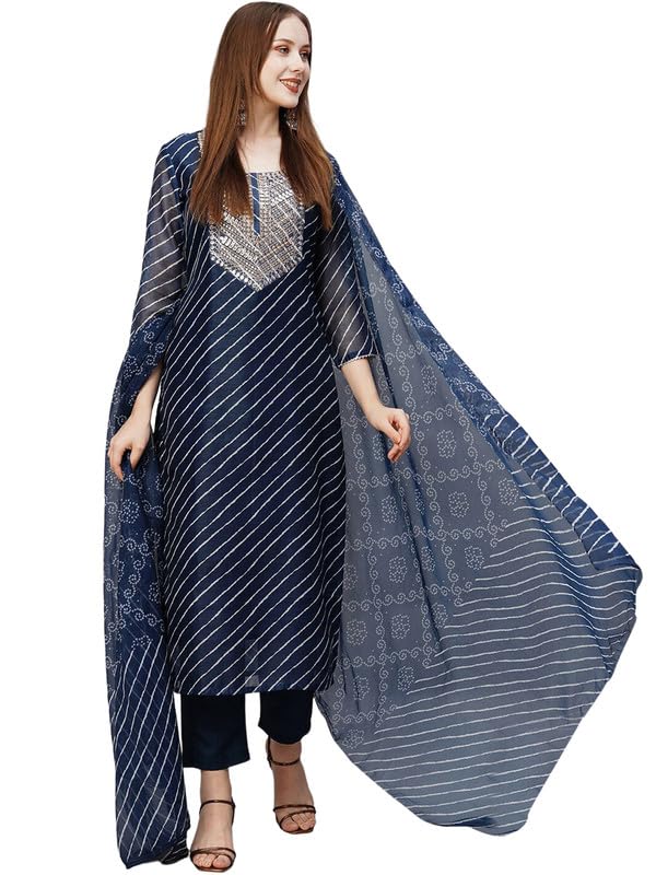 Pinkmint Women Cotton Blend A-Line Printed Kurta with Pant & Dupatta Blue