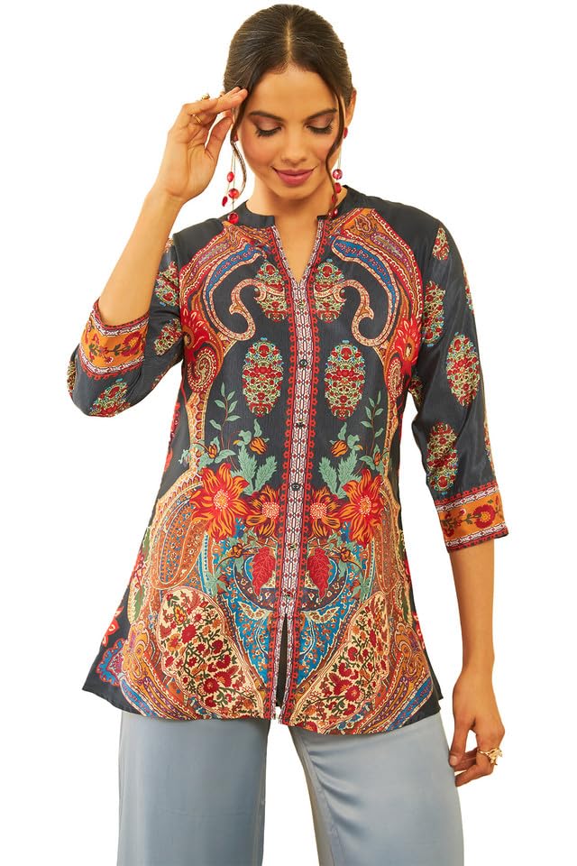 Soch Womens Charcoal Muslin Floral Print Tunic(8907175716694)