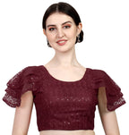 Pujia Mills Womens Shipali Net Work Ruffle Sleeves Readymade Saree Blouse (Shipli Jhadu Maroon_Maroon_38 Size + Margin)