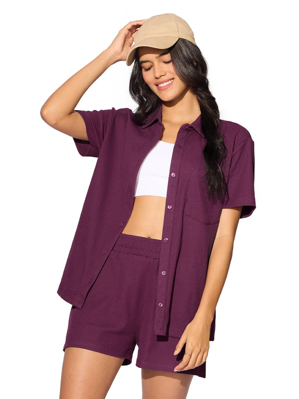 The Souled Store Solids: Spiced Plum Women and Girls Short Sleeves Collared Neck Button Front Textured Cotton Blend Boyfriend Sh