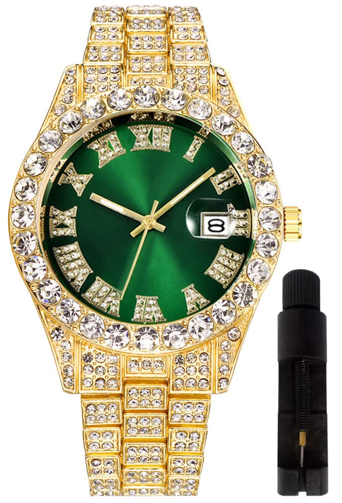 Hip Hop Watches for Men Iced-Out Bling Diamond Luxury Quartz Watches with Date (XL face-Gold Green)