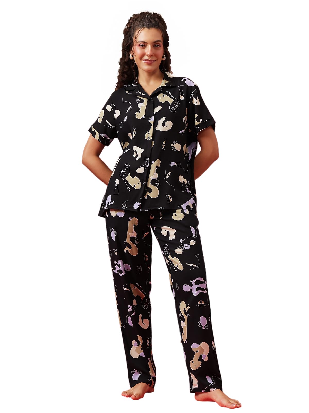 Clovia Womens Crepe Printed Button Down Shirt & Pyjama Set (LS0385M13_Black_XXL)