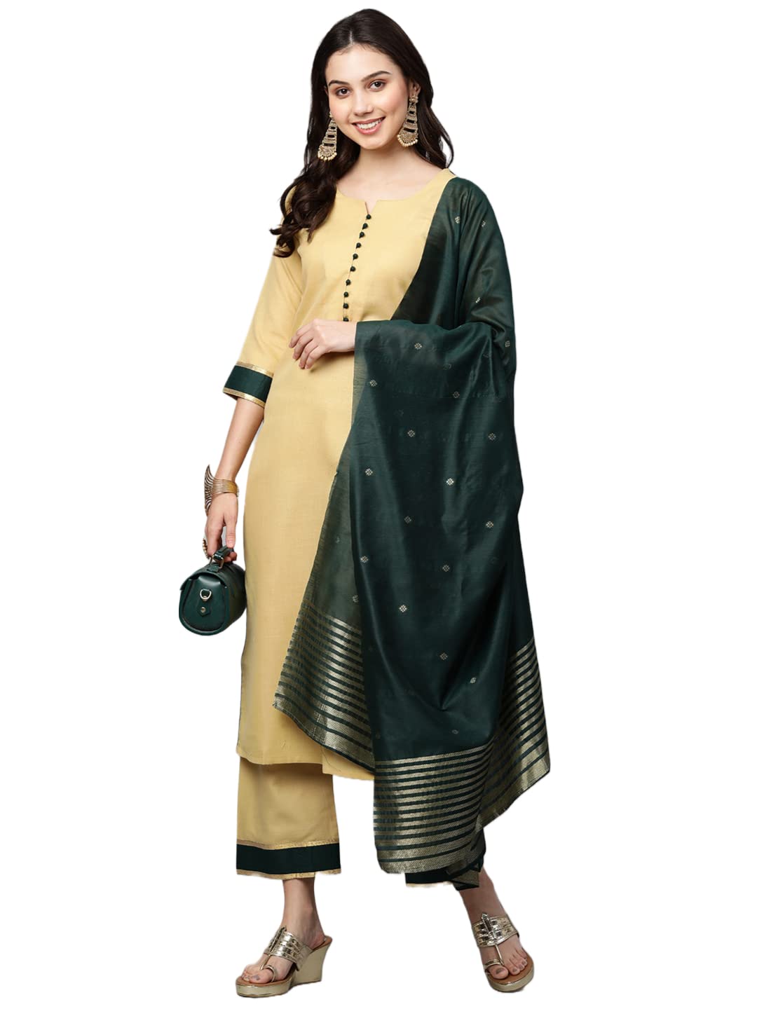 ANNI DESIGNER Women's Cotton Blend Straight Printed Kurta with Pant & Dupatta (Game Chiku_S_Chiku_Small)