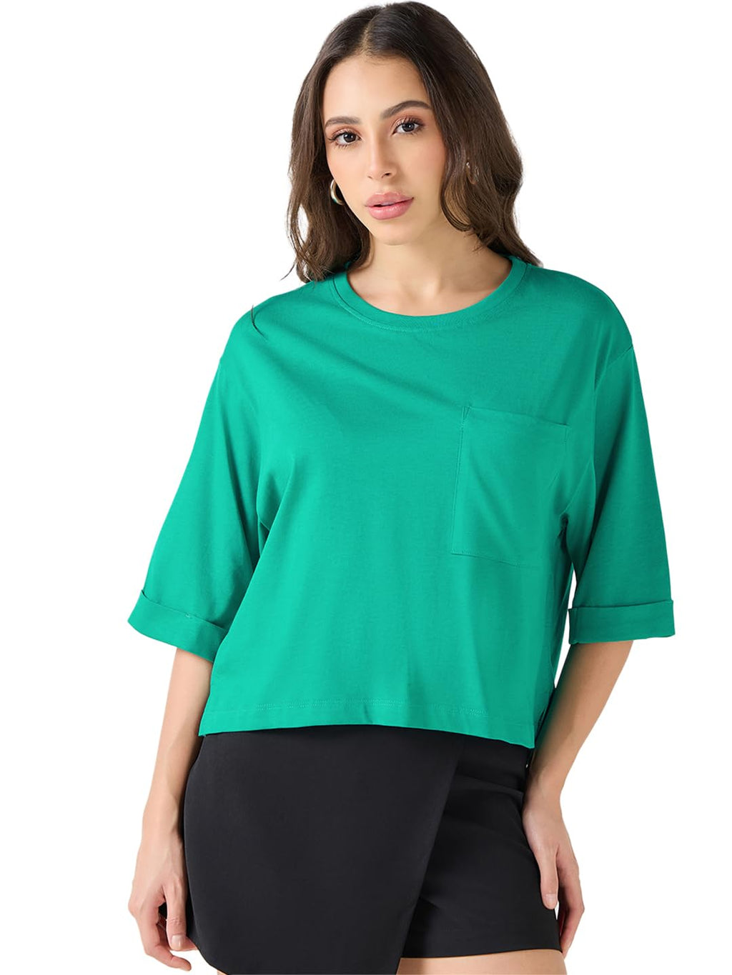 Bewakoof Womens Solid Oversized Fit Half Sleeve Round Neck Cotton Crop_637360_Green_M