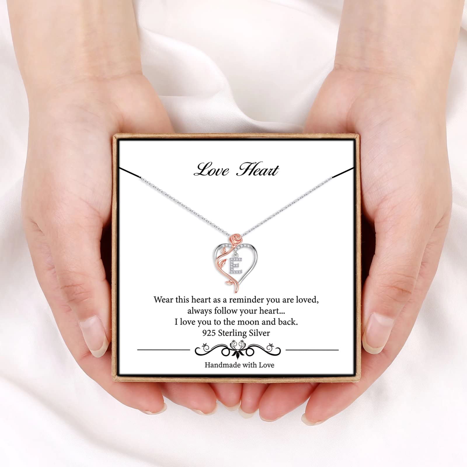 Necklace Gifts for Women, 925 Sterling Silver Unique Rose Love Heart Initial E Letter Pendant Necklace Jewelry Mothers Day Valen