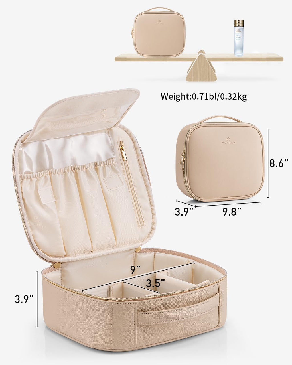 Vlando Travel Makeup Bag, Large Capacity Cosmetic Bag for Women PU Leather Makeup Case Organizer Portable Make up Bag with Divid