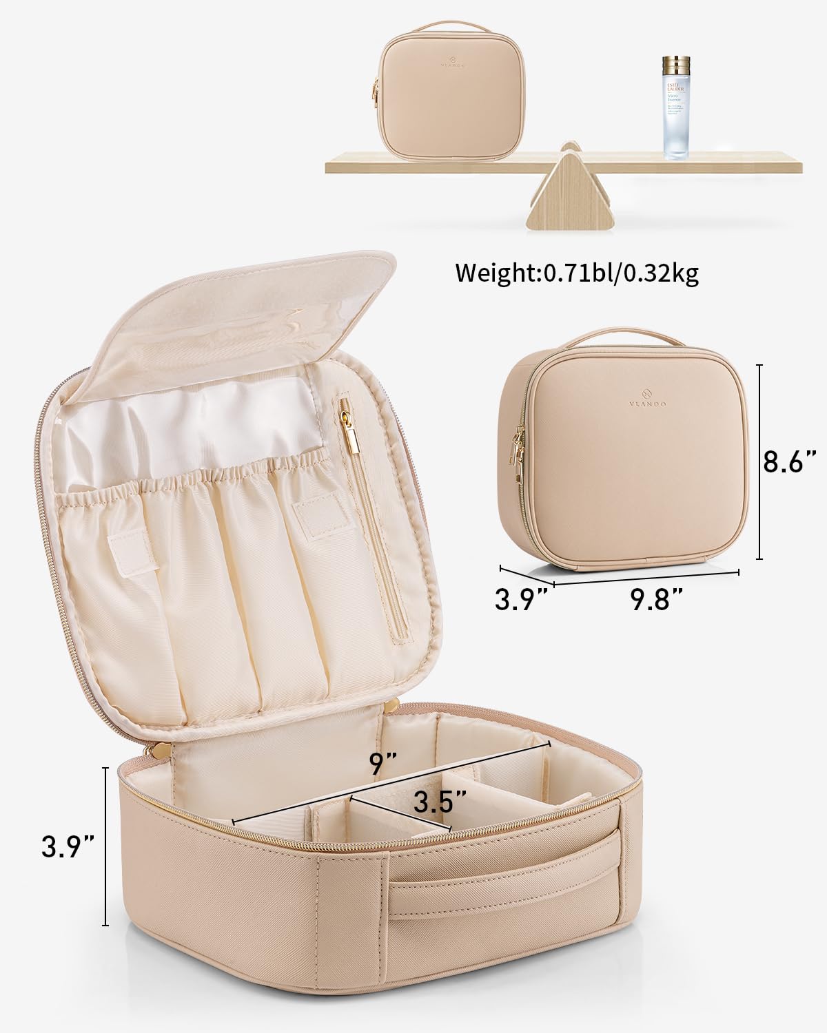 Vlando Travel Makeup Bag, Large Capacity Cosmetic Bag for Women PU Leather Makeup Case Organizer Portable Make up Bag with Divid