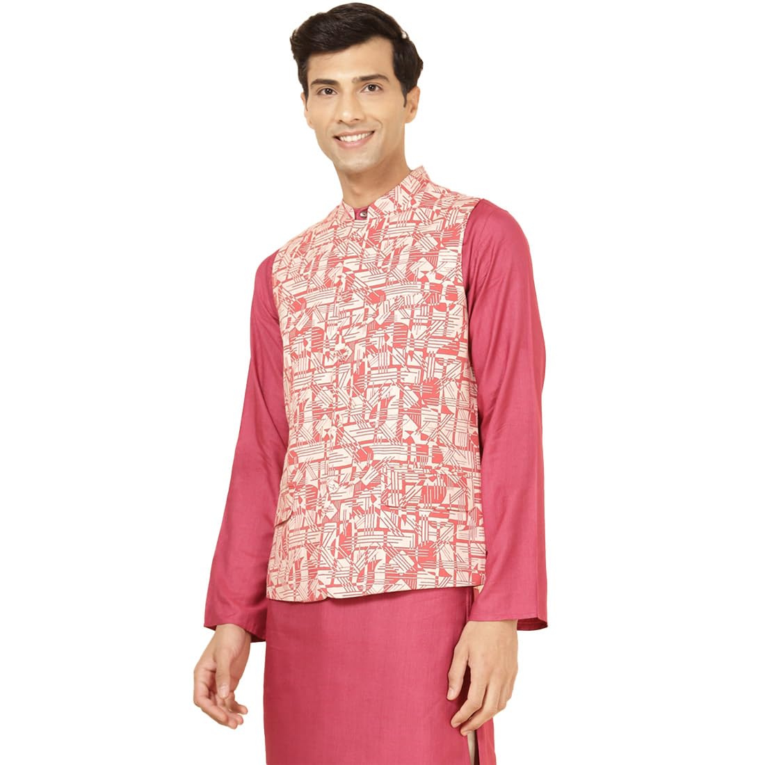 Fabindia Red Cotton Printed Chinese Collar Sleeveless Waist Length Button Closure Slim Fit Nehru Jacket For Men (Xs)