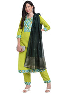ANNI DESIGNER Women's Cotton Straight Kurta with Pant & Dupatta (MOHAK Green_XL_Green_X-Large)