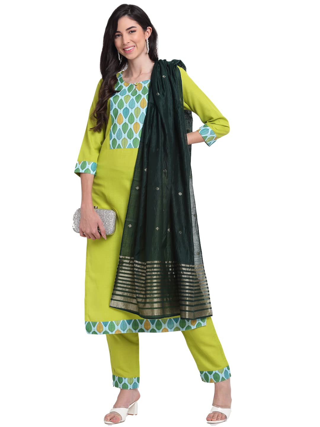 ANNI DESIGNER Women's Cotton Straight Kurta with Pant & Dupatta (MOHAK Green_XL_Green_X-Large)