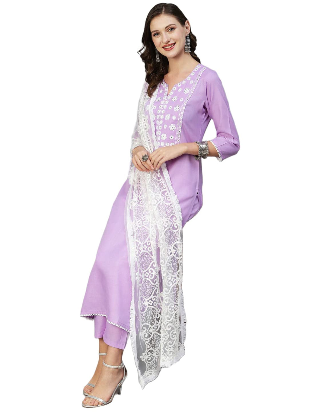 ANNI DESIGNER Women's Cotton Blend Straight Solid Kurta with Pant & Dupatta (EDDA-Purple_XXL_Purple_XX-Large)