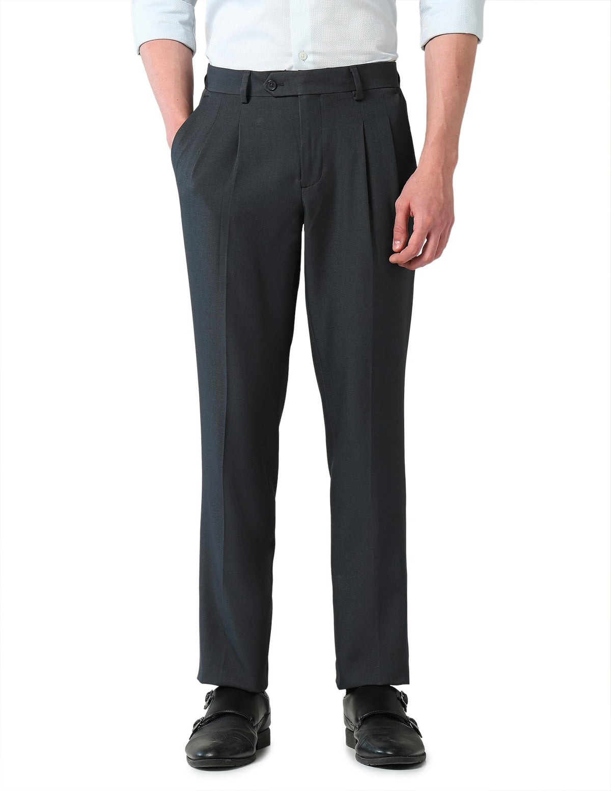 Arvind Charcoal Mid Rise Pleated Formal Trousers 30