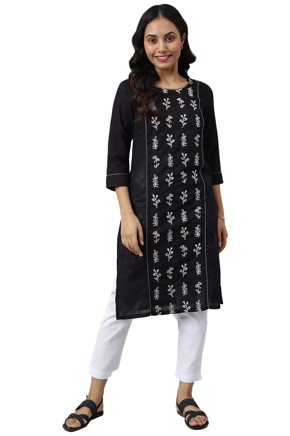Aurelia WomenS Cotton Black Solid Round Neck Straight Kurta_22Aua13344-604577_M