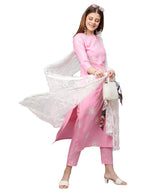 ANNI DESIGNER Women's Ruby Cotton Straight Embroidery Kurti with Pant & Dupatta Set (WHITE-SHOW-Light Pink-Nw_S_Light Pink_Small