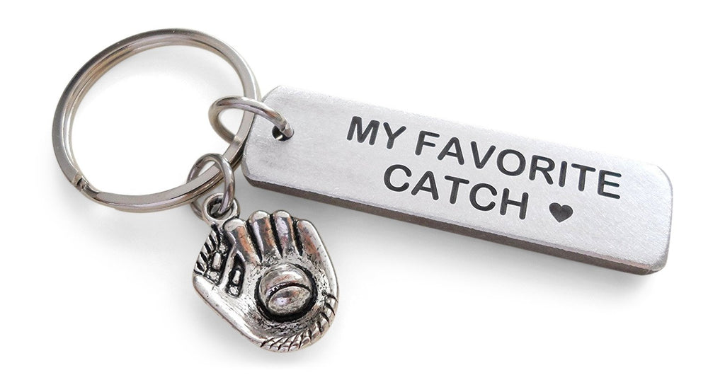 Baseball Mitt Charm Keychain With My Favorite Catch Engraved Aluminum Tag; Couples Keychain