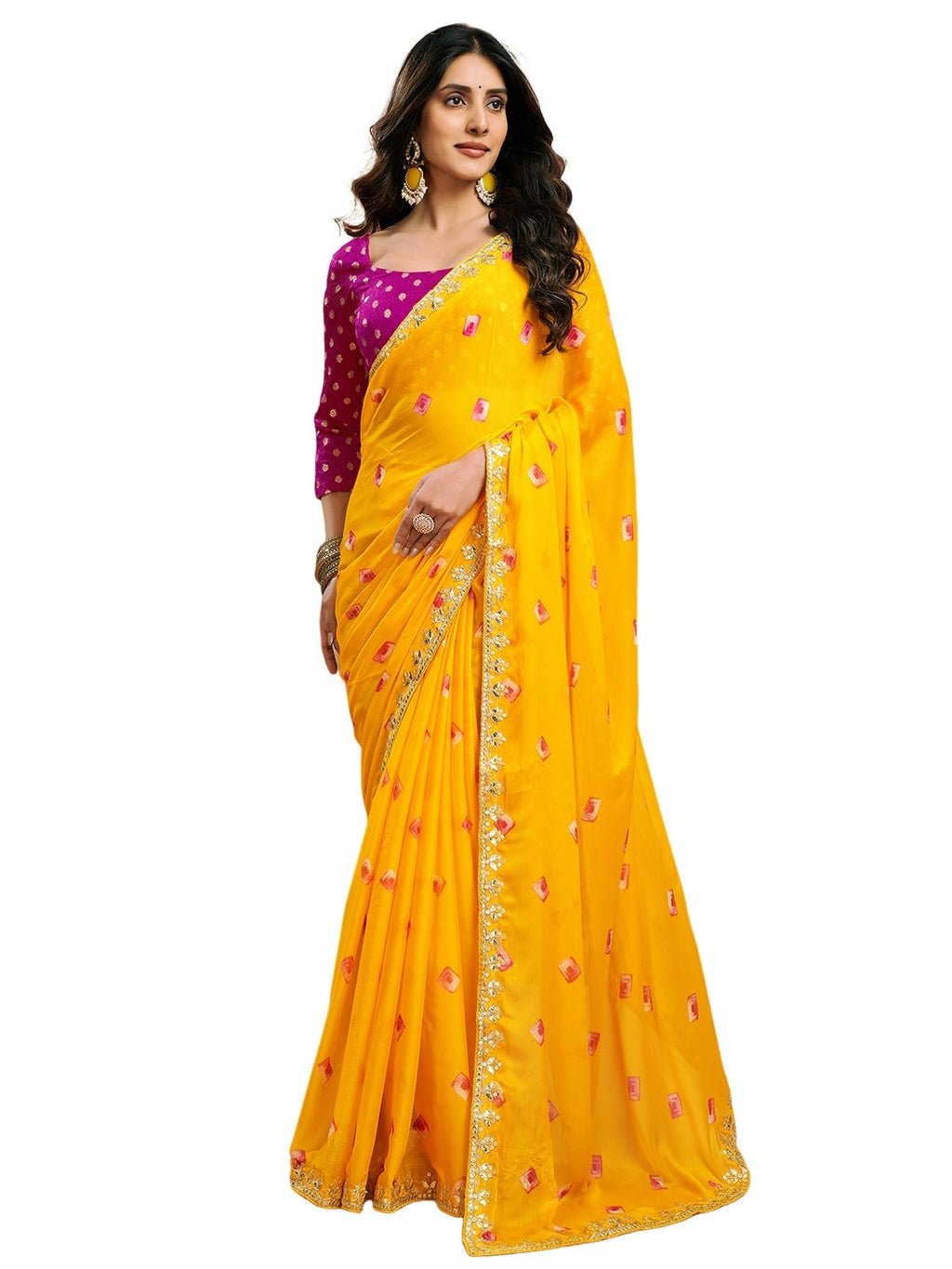 Satrani Womens Chiffon Bandhani Printed Saree with Unstitched Blouse Piece (4011S6286N_Yellow)