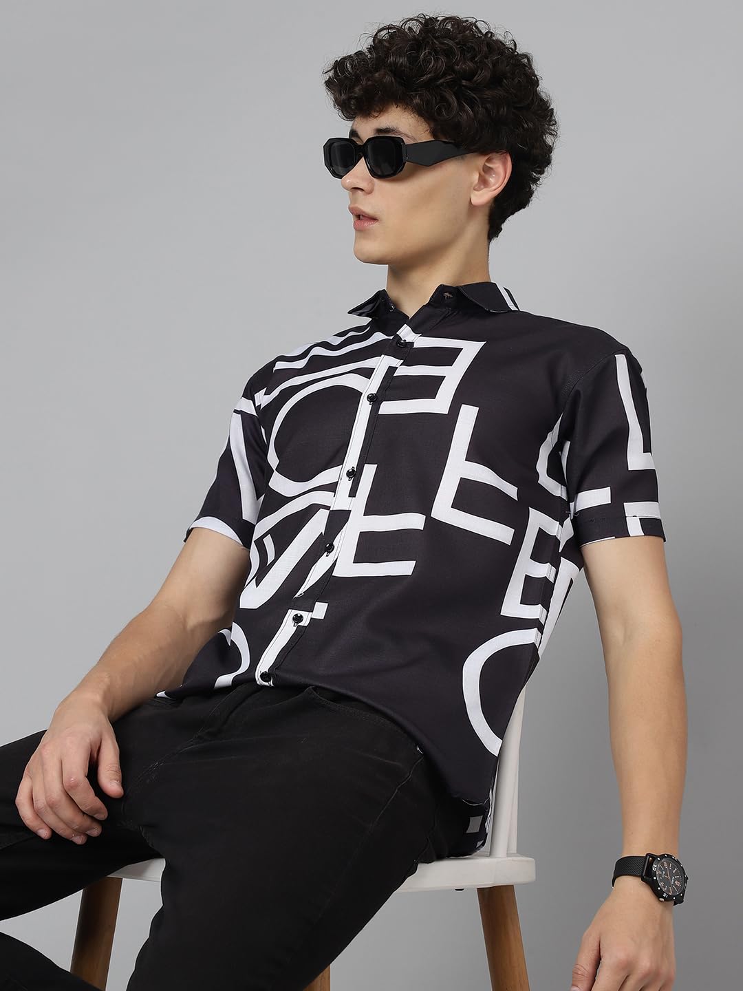Lookmark MenS Black Letter Graphic Patched Pocket Shirt Without Tee||Black Coloured Printed Shirt For Men||Az-Lm-P1-Printed Shi