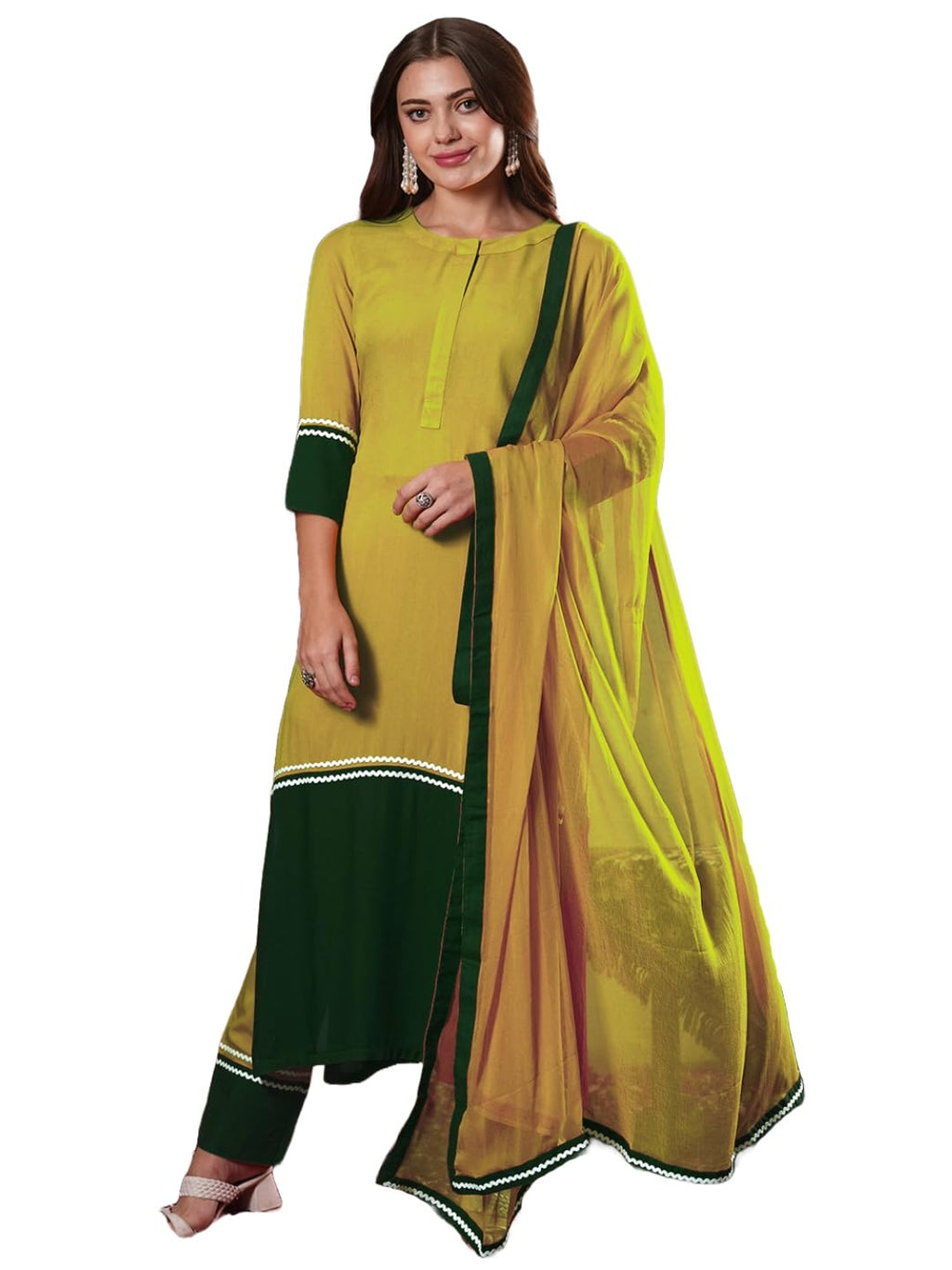 ANNI DESIGNER Womens Rayon Viscose Straight Solid Kurta with Pant & Dupatta (PANAI Mehandi_L_Mehandi_Large)