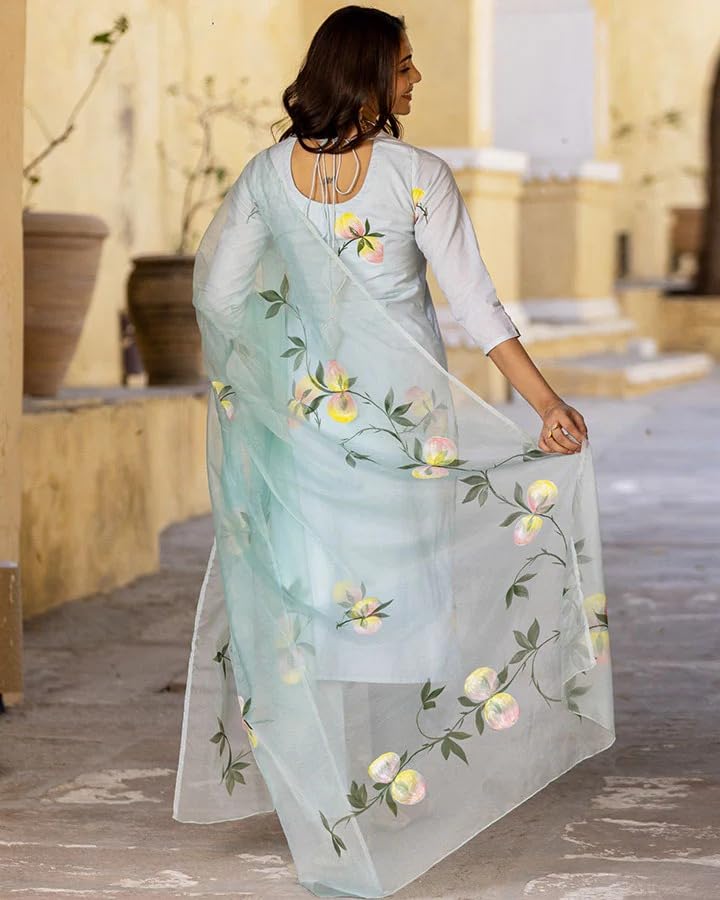 Gosriki Women'S Cotton Blend Straight Printed Kurta With Pant & Dupatta (Taral