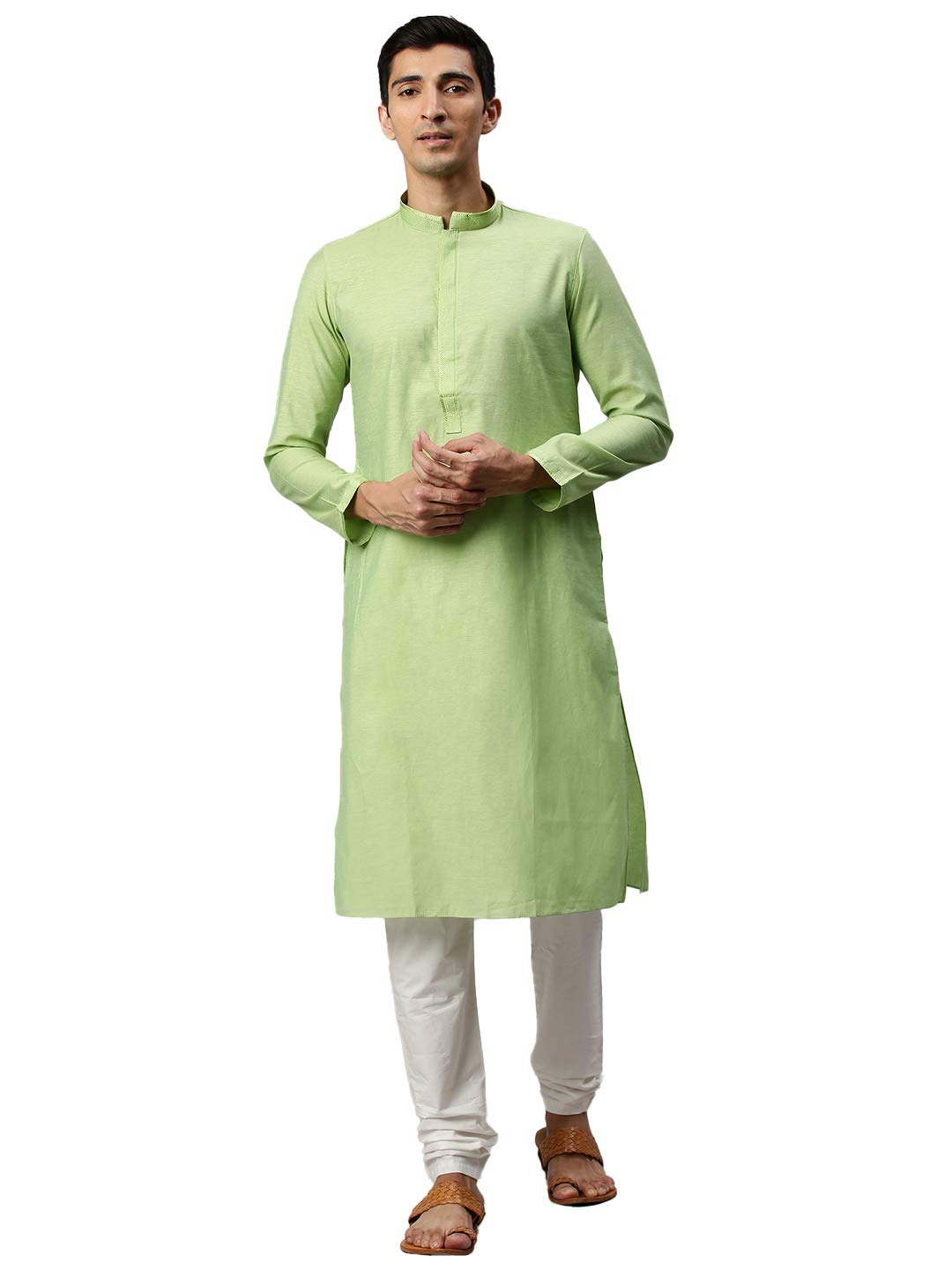 Manyavar MenS Solid Long Full Sleeves Kurta Churidar Set - (Green, X-Large)