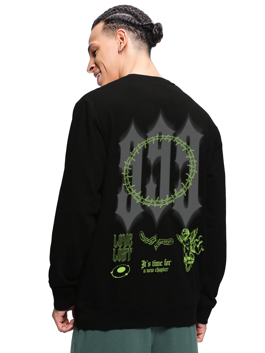Bewakoof MenS Graphic Print Regular Fit Full Sleeve Round Neck Fleece Plus Size Sweatshirt_1500576_Black_4Xl