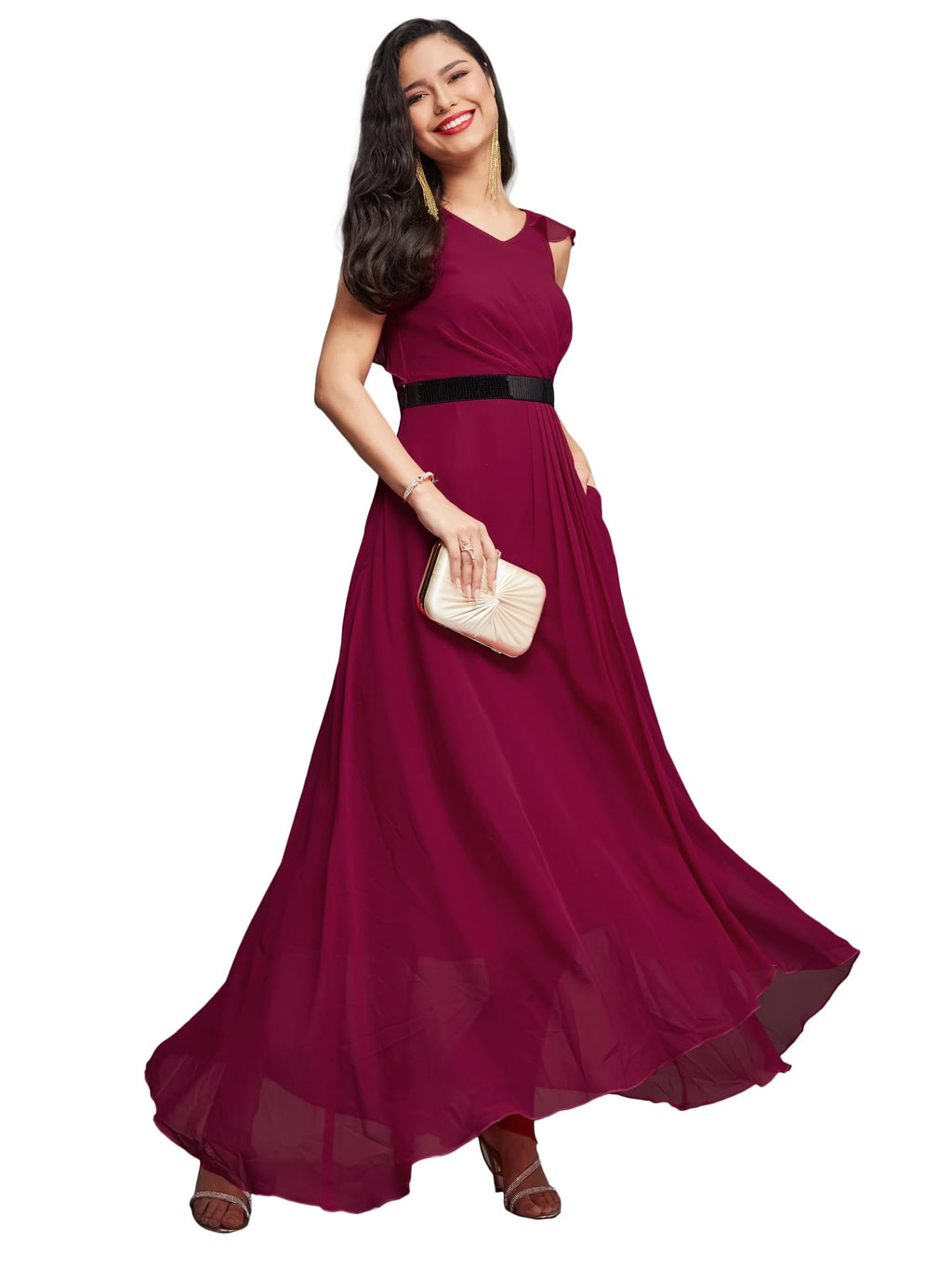 Miss Chase WomenS V-Neck Ruffled Sleeve Solid Embellished Maxi Dress With Pockets (Mcaw21D06-17-23-06, Dark Pink, Xl)
